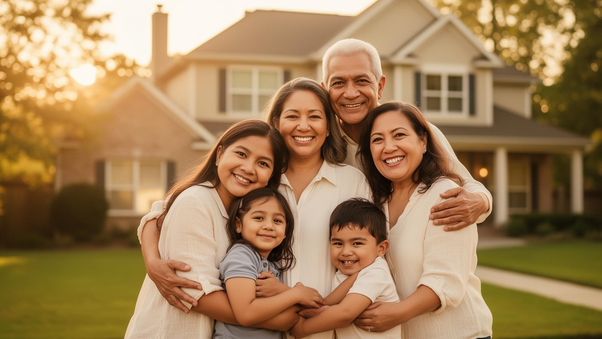 Familia latina feliz frente a su nueva casa en Estados Unidos